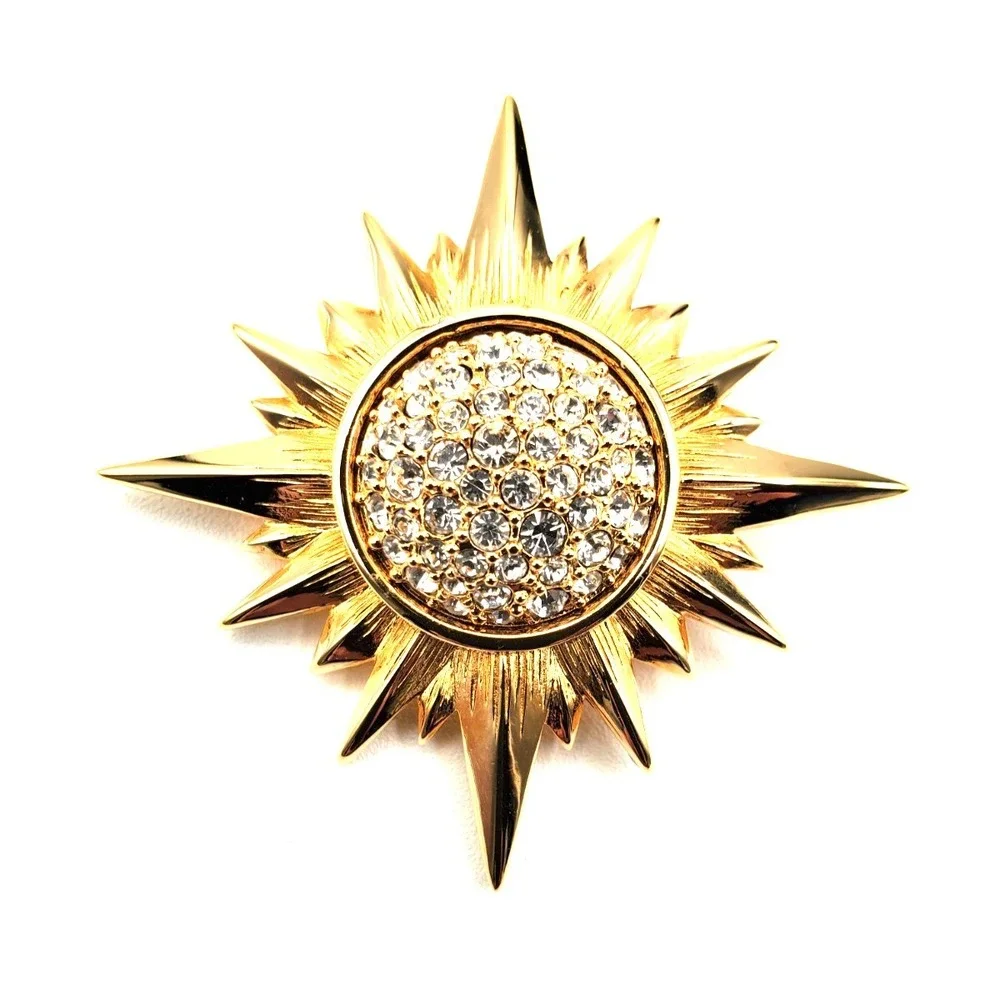 Vintage Swarovski Crystal Star Burst Brooch Pin Gold Tone